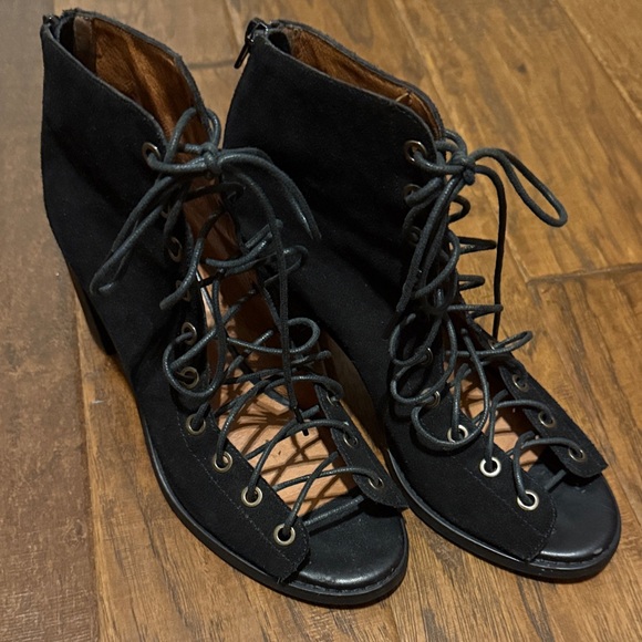 Jeffrey Campbell Cors Lace Up Bootie Sandal Black Suede Corset Open Toe Heel - Picture 1 of 5